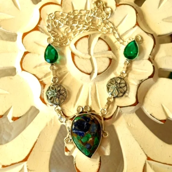 STERLING SILVER COPPER LAPIS LAZULI, TOURMALINE GEMSTONE NECKLACE - Picture 3 of 4